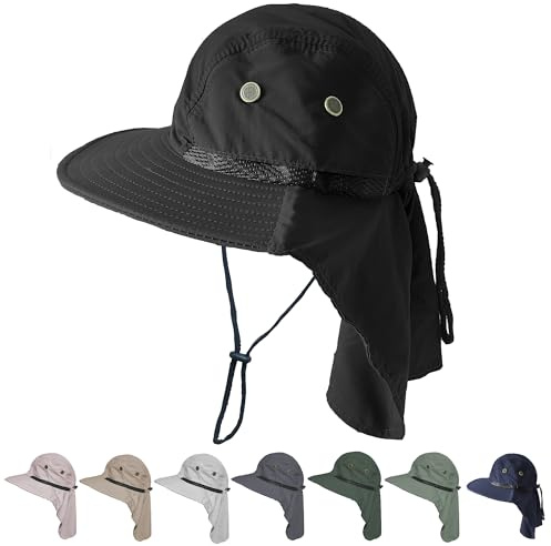 Sombrero Pescador Hombre con Protector de Cuello, Sombrero Senderismo con Orejeras para el Sol, Talla única (FR/ES, Letras, Talla única, Negro)