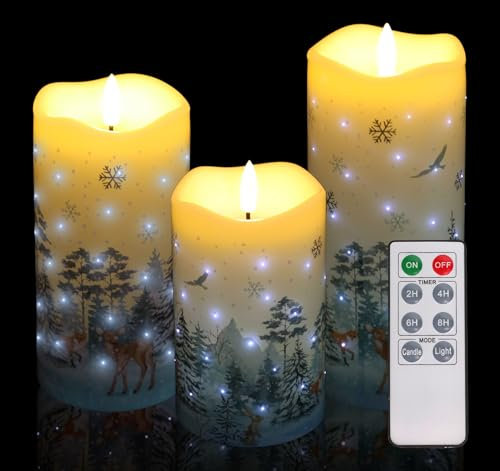 Anstore 3pcs Christmas Fake Candles Battery Powered with Timer,Christmas Flameless Candles with Christmas Tree Elk Pattern,LED Candle Lights Remote Control for Xmas Holiday Decor-D 3”x H 5” 6” 7”