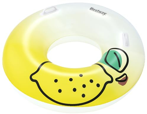 Bestway Schwimmring Zitrone, Ø 99 x 31,5 cm, bis 100 kg, strapazierfähiges PVC, ab 12 Jahren, leuchtendes Zitronen-Design, robuste Haltegriffe, Sicherheitsventil, inkl. Reparaturflicken