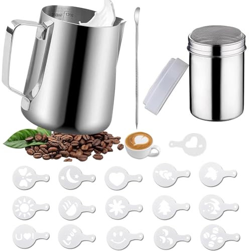 Omtofo 350ml Jarra Leche Barista, Lechera Acero Inoxidable, Con Marca de Medición bolígrafo arte con leche, Jarra Espumadora Leche para Espresso, Capuchino, arte con leche, amantes del café