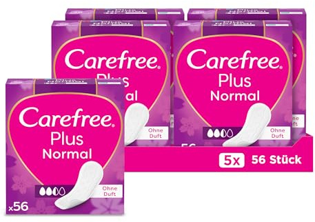 Carefree Plus Normal Ohne Duft (5 x 56 Stk), Slipeinlage für Komfort, Trockenheit und langanhaltendes Frischegefühl, super saugstark und extra Schutz, mit 100 Prozent Geruchsneutralisierung