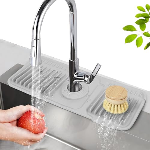 Minicoco Sink Mats Faucet Guard & Draining Mat Keep The Sink Tidy Cut to Size to Fit Most Taps Sink Splash Guard for Water Catching & Countertop Protection 6° Slope Silicone Sink Mat