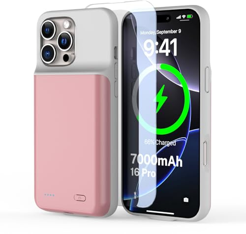 YONHUIZI Akkuhülle für iPhone 16 Pro (6,3), 7000mAh Wiederaufladbar Batterie Ladehülle Akku mit Panzer Schutz Glas, Powerbank Hülle Zusatzakku Akku Case Akku Ladehülle Handyhülle-Rosa