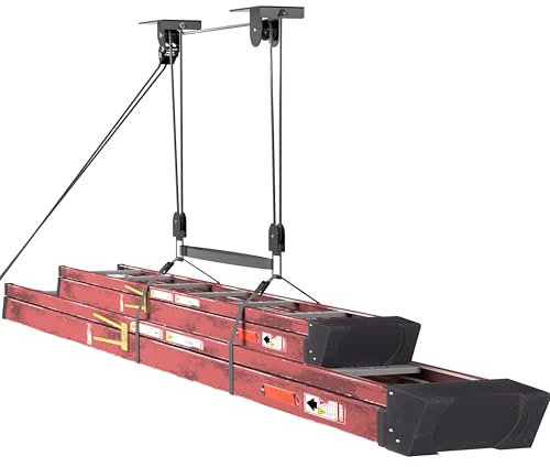 TRUSOON Ladder Storage, Larger Pulley Ladder Hoist, Self Locking Function Ladder Hanger, Garage Ceiling Mount Lift System for Kayak, Cargo Box, Canoe, Bike,Fit 10-14 Foot Ceilings, Hold 150 lbs