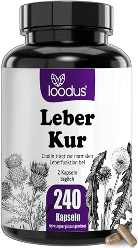Leber-Kur Kapseln - Leber-Komplex Mariendistel Artischocke Löwenzahn Cholin | 240 Bitterstoffe Mariendistel Kapseln & Artischocken Kapseln hochdosiert & Löwenzahn mit Cholin für normale Leberfunktion