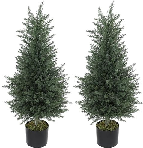 HOMCOM Artificial Plants Outdoor, 90 cm Fake Cypress Tree with Plastic Pots, UV-Resistant Faux Plants for Garden Front Porch Decoration, 2 Pack