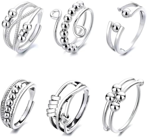 KEWUF 6 Pezzi anelli antistress, anello antistress, Anello Ansia per Donna Uomo Agitarsi Anelli per Ansia Antistress Anello Spinner Retro Anelli A Fascia Regolabile Anelli Zirconia Cubica Fiori