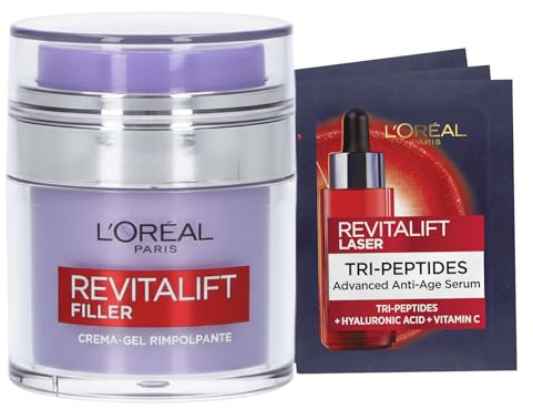 L'Oréal Paris Revitalift Filler Creme-Gel mit Hyaluronsäure 50 ml + Revitalift Laser Tri-Peptid-Serum Anti-Aging mit Hyaluronsäure und Vitamin C Bundle Routine – 4er-Set