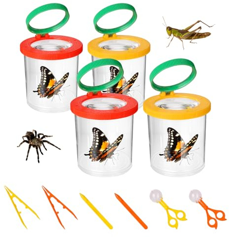 4 Stück Becherlupen，Lupenglas Set mit Pinzette und Insektenfänger, Insekten Viewer Lupenbecher für Wissenschaft im Freien Naturerkundung