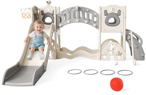 Slide per bambini ispessiti e allargati, scivolo per bambini piccoli indipendente con canestro da basket, attrezzatura per parco giochi con scivolo, scivoli all'aperto (grigio 9 in 1)