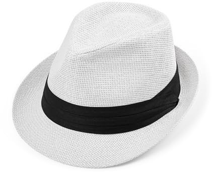 Straw Trilby Fedora Hat for Men Women 1920s Panama Hat Short Brim Summer Beach Sun Hat with Band White