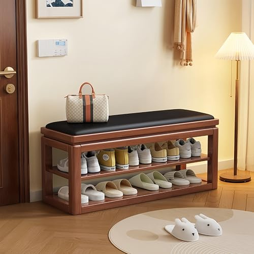 Zapatero de madera de nogal, banco otomano con cojín de alta resistencia, ahorro de espacio, almacenamiento elegante para zapatos, varios colores disponibles (31.5 pulgadas)