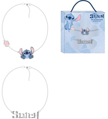 Disney dubbel Stitch barnarmband, blomberlocker, texturerat namn på justerbar silverkedja | Officiellt smyckesset för flickor över 3 år