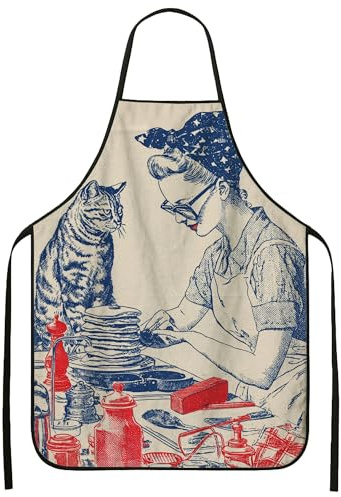 Delantal de gato vintage para cocinar, diseño retro de cocina, delantal para adultos, divertido delantal lavable de estilo culinario para hornear lavavajillas H, Beige, 24x31 Inch