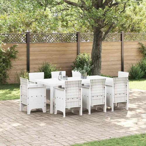 QJBSAVVA Garten-Essgruppe 9-TLG Weiß 200 x 100 x 73 cm Modernes Poly-Rattan Lounge-Set mit 8 Stühlen und Esstisch Robuste Outdoor-Möbel für Balkon Terrasse und kleinen Garten