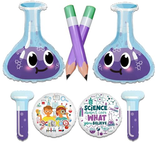 Science Lab Party Balloons, 6 Pack Chemistry Test Tube and Beaker Shaped Foil Balloons in Purple and Blue, Laboratory Theme School Starts Party Decorations