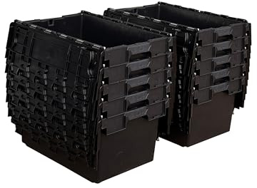 Solent Plastics Pack of 10 x Large BLACK Heavy Duty Attached Lid Storage Box - 80 Litre Capacity (71 x 46 x 36.8cm)