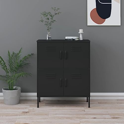 Yisssmeng Stahlschrank 80×35×102 cm Schwarz, 2 höhenverstellbare Regalböden, 4 Türen, Wandhalterung, Metall-Lagerschrank für Home-Office, Keller, Flur