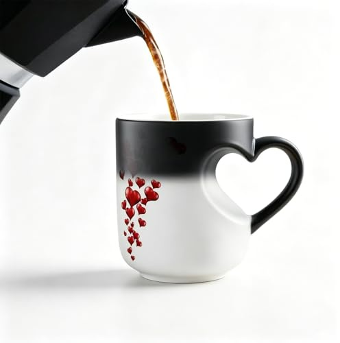 VELAJA Tasse à Café Magique Coeur, 330ml Mug Céramique qui Change de Couleur, Tasse à Café Personnalisée avec Anse Coeur, Cadeau Romantique Saint Valentin