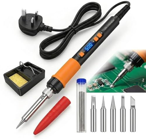 Soldering Iron Kit 90W High Power Adjustable Temperature 180-500℃ Digital LED Screen Soldering Iron Kit with Stand Solder Wire 5 Solder Tips for Electronics Repair DIY & Hobby Projects