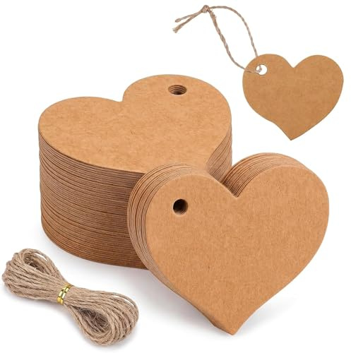 LOMSUXA 100 Etichette Regalo a Forma di Cuore in Carta Kraft con 20m di Spago di Iuta, Tag per Bomboniere Matrimonio, Bigliettini per Regali, Decorazioni Fai da Te, Cartellini Prezzi
