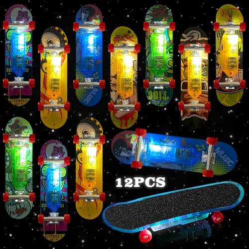 TOPJOWGA 12 st fingerskateboard, lysande leksaker, LED-fingerskateboard, fingerboard partyset, mini fingerboards, fingerboard spel, glöd in the dark present födelsedag