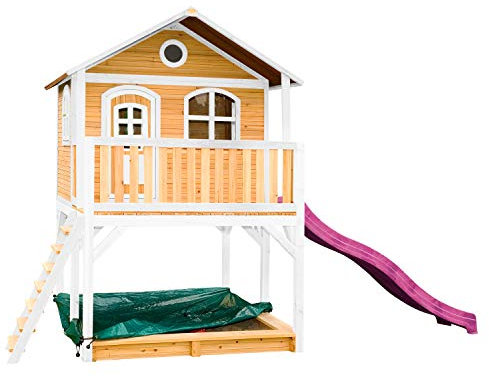 AXI Marc Playhouse for Kids Outdoor, sandpit, purple slide | Wooden Play house for the garden/outdoor in brown & green from FSC wood