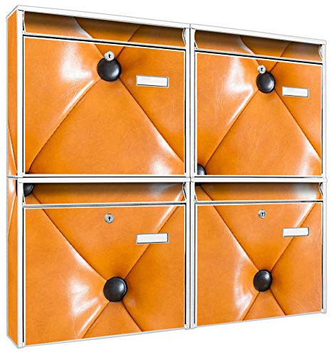 banjado Briefkastenanlage 4 Fach - Postkästen groß - verzinkter Stahl weiß DIN A4 Motiv Polster Orange - Briefkasten Set 4 Briefkästen Namensschild, 2 Schlüssel, Montagematerial