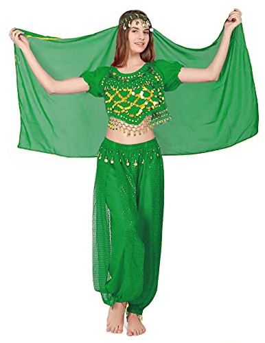 Carnavalife 3Pcs Mujeres Danza del Vientre, Ropa India Lentejuelas para Disfraz de Princesa, Conjunto de Bailando Top Pantalones de Linterna y Cadena de la Cabeza Barbijo (Verde)