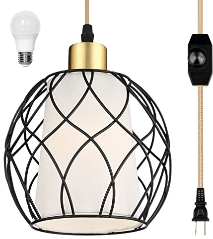 Cinkeda Plug in Pendant Light, Black Farmhouse Hanging Lights with Linen Shade, 15ft Golden Cotton Cord, Industrail Ceiling Lamp with Dimmable Switch, for Kitchen Island Living Room (Bulb Included)