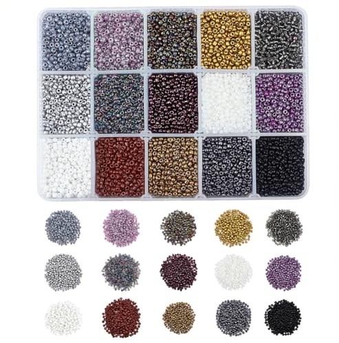 nbeads 300 g 2 mm glas rockeries pärlor, 15 stilar små ponnypärlor små runda hantverkspärlor små pärlor för armband, halsband, smyckestillverkning och hantverk