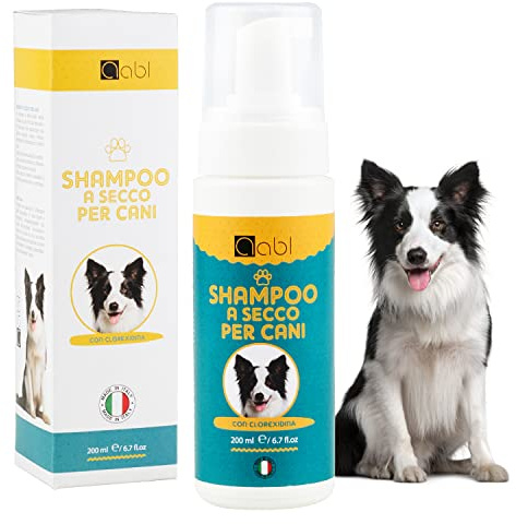Shampoo Secco per Cani con Clorexidina - Antisettico, Profumato al Talco, Detergente Ipoallergenico per Pelo Lungo e Corto, Made in Italy, 200 ml