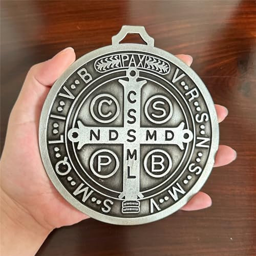 ZKMAGIC Medalla de Cruz Extragrande de 5 Pulgadas con Acabado de latón clásico para Pared o computadora/Medalla de San Benito (Plata)