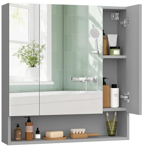 VASAGLE Bathroom Mirror Cabinet, Bathroom Wall Mirror Cabinet, Open Compartment, Adjustable Shelves, 16.5 x 70 x 75 cm, Dove Grey KAILYN Collection BBK129G01