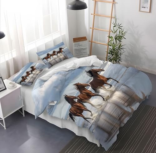Blau, Braun Bettwäsche Set 3 teilig, Tier Pferd Drucken Microfaser Bettwaren-Sets Mit Reißverschluss für Vier Jahreszeiten Enthält 1 Bettbezug 200 × 200 cm und 2 Kissenbezug