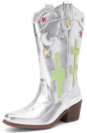 DREAM PAIRS Girls Cowboy Boots Square Toe Western Boots with Low Heel,Size 5 Big Kid,Silver,KKUMMB2501