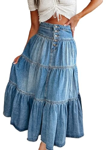 cffvdiz Boho Largo Falda De Mezclilla Botón Frontal Cintura Alta Capas Patchwork Cake A-Line Maxi Jean Faldas De Las Mujeres