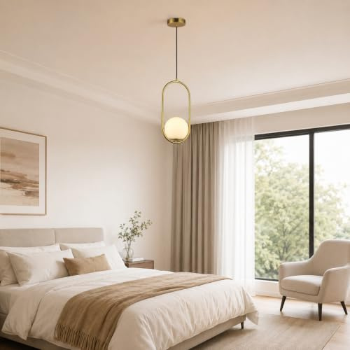 Alpinaluz Lámpara Colgante Techo E27 Globo Cristal Opal Dorado | Globo soplado Ø15 cm, aro ovalado dorado y cable 90 cm para salón, comedor, cocina, dormitorio y recibidor