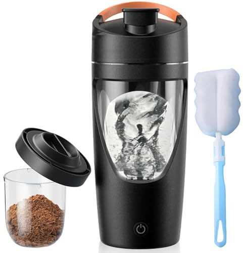 Behogan Shaker Elektrisch: 700ML Protein Shaker Elektrisch mit Pulverfach, USB Wiederaufladbar,Automatischer Protein Mixer mit Bürste, Schwarz