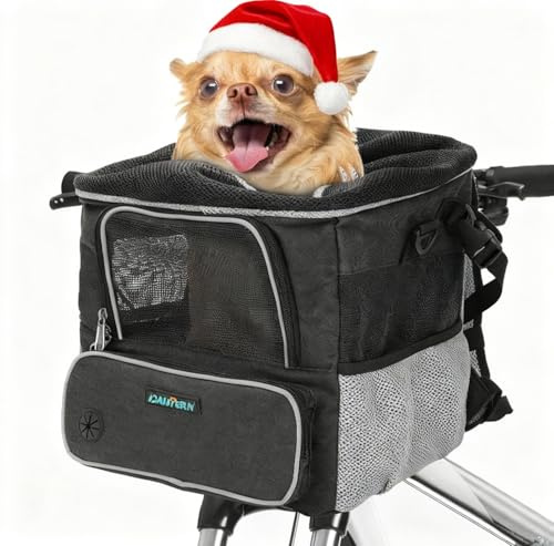 DAISTERN Hundefahrradkorb bis 3KG mit Lenkeradapter Φ53mm, Hundekorb Fahrrad Vorne Rucksack Schultertasche Autositz mit Mehreren Netzfenstern, wasserdichtes Sitzkissen Geeignet für Welpen