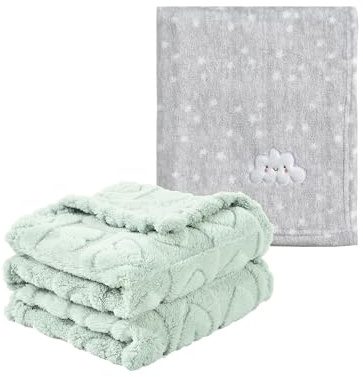 CREVENT Lot de 2 couvertures Mignonnes et moelleuses pour bébés - 75 cm x 100 cm - Chaudes et moelleuses - Literie pour Berceau, Poussette - Nuage Gris + Sherpa Vert