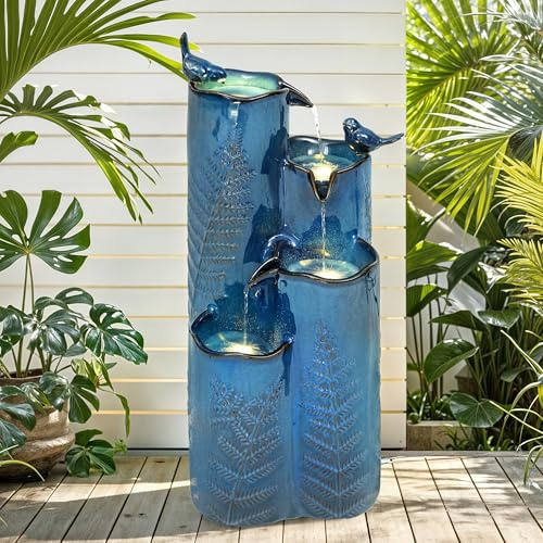Autodaya 32 H Ceramic Outdoor Water Fountain, 4-Tier Tropical Cascading Waterfall with LED, Turquoise Glaze & Embossed Fern Pattern, Bird-Attracting Water Feature for Garden Patio Yard & Porch Decor