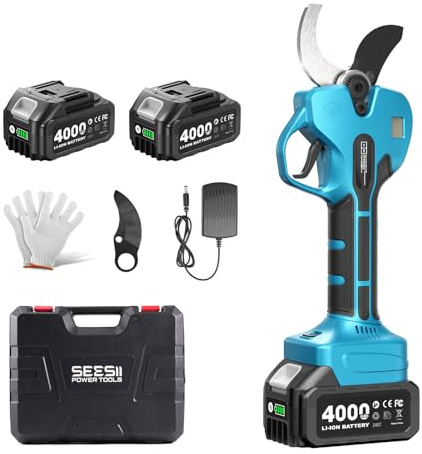 SeeSii Tijeras de Podar Eléctricas 50 mm, Tijera de Poda a Batería 21V con 2×4.0Ah, Cuchillas SK5 Bypass, Pantalla LCD, Motor Brushless 800W, Podadora Eléctrica Profesional