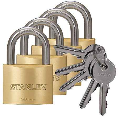 STANLEY Solid Brass Vorhangschloss 50 mm mit Standard-Bügel, 4er Pack, gleichschließend, 5 Schlüssel, S742-039, Schloss, Bügelschloss