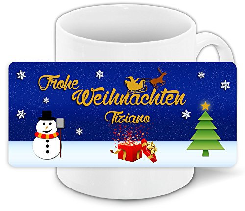 Weihnachtstasse mit Namen Tiziano und Motiv „Nr. 1“ mit Schneemann, Geschenk und Tannenbaum