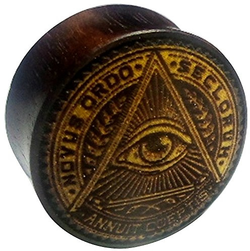 CHICNET Flesh Plug Allsehendes Auge der Vorsehung Holz Sonoholz Jackfrucht Double Flared Tunnel Expander Dehner |Lobe Piercing Damen Herren braun hell dunkel |Novus Ordo Seclorum Annuit Coeptis 18 mm