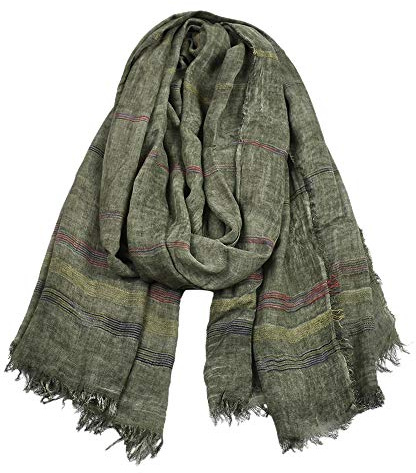Kangqifen Unisex Soft Striped Scarf with Tassels Cotton Linen Solid Color Scarves 75 x 35 inch ArmyGreen