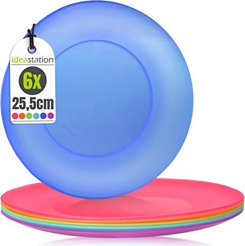 idea-station NEO Plastikteller bunt - 6 Stück - 25.5 cm - Kunststoffteller | BPA-frei + Mehrweg + Bruchsicher - Campingteller im 6er Set - bunte Teller aus Plastik sind perfekt für Camping und Picknick