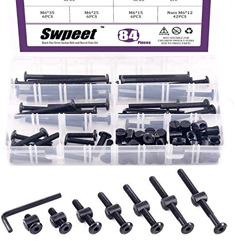 Swpeet 84Pcs schwarz M6 × 15/25/35/45/55/65/75mm Krippe Hardware Schrauben Kit, Hex Socket Kopf Kappe Krippe Kinderbett Bolzen und Fassmuttern mit 1 x Inbusschlüssel Perfekt für Möbel, Kinderbetten