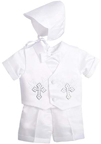 Lito Angels - Ropa Traje de Bautizo Bautismo para Bebe Niño con Gorro Capó, Blanco, Estilo A - Manga Corta, Talla 12-18 Meses